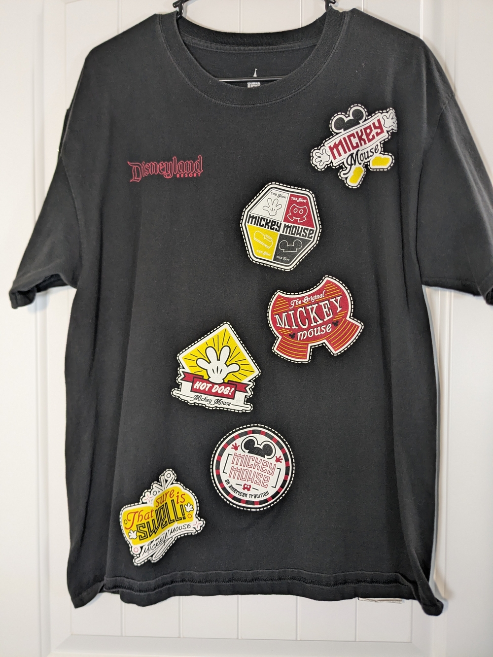 Disneys Black Mens/Womens Tee with Mickey Mouse Patch Graphics